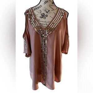 Moda International Embellished Cold Shoulder pink Top medium. Blingy